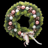 Elegant Rose Gold Holiday Wreath(50CM) adorned with pink ornaments and lush greenery.